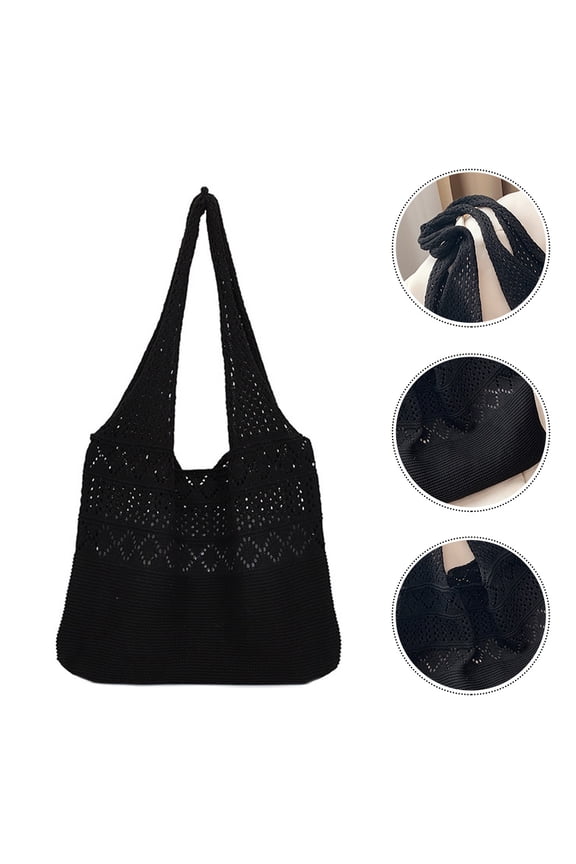 1Pack Large Capacity Crochet Bag Black Fashionable Hollow Design for Leisure
