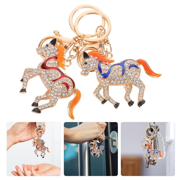 NICEXMAS Cute Horse Shaped Keychain Rhinestone Alloy Elegant Design 2Pcs