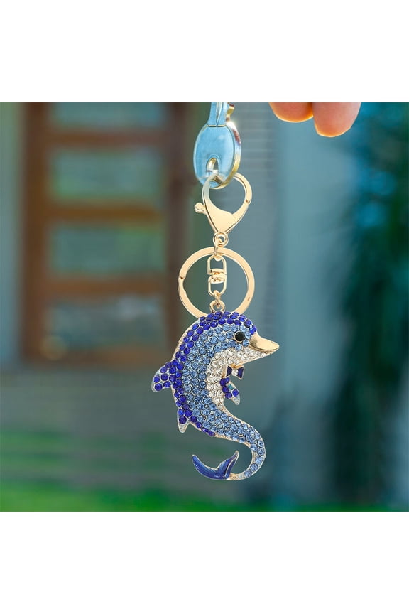 2Pcs Dolphin Keyring Keychain Pendant Blue Rhinestone Bag Key Decoration for Women