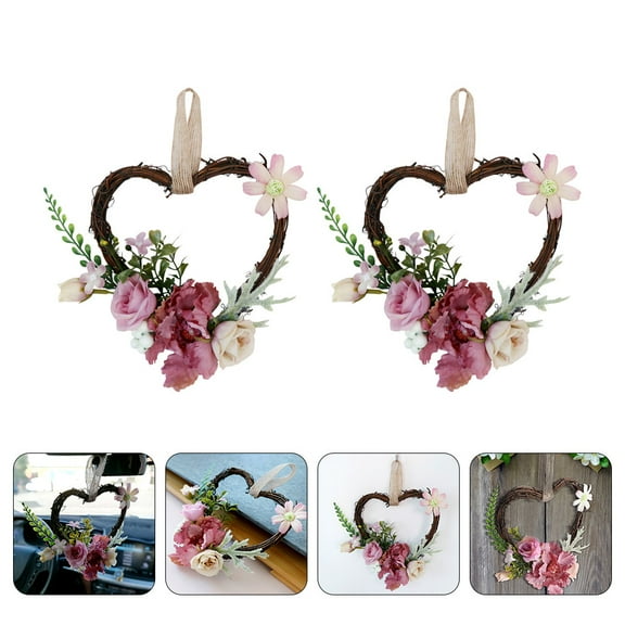 NICEXMAS 2Pcs Pink Silk Heart Shaped Artificial Wreath Realistic Flower Gar for Spring Summer Decor