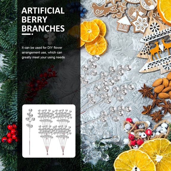 NICEXMAS 30Pcs Silver Plastic Artificial Berry Branches Realistic Look For Christmas Decorative