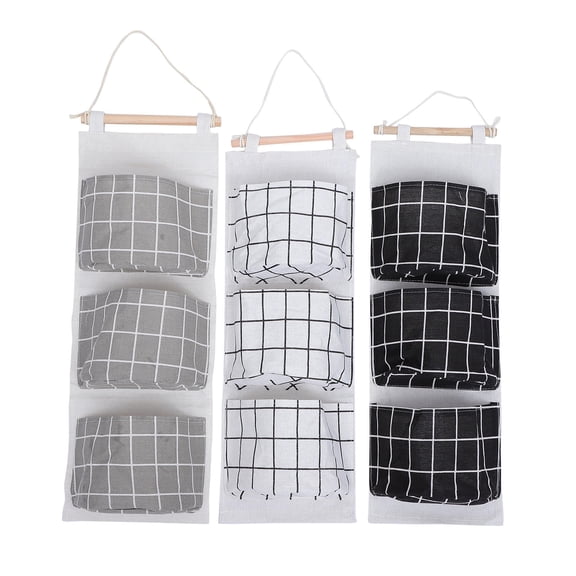 NICEXMAS 3Pcs Gray Grid Wall Hanging Organizer Bag Cotton Linen Multi Functional Storage for Household Items