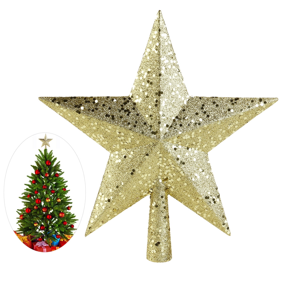 NICEXMAS 4.5 inch Treasures Gold Glittered Mini Star Christmas Tree Topper