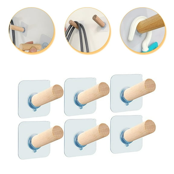 NICEXMAS Wall Hook Wooden Heavy Duty No Drilling Required 6Pcs 2.36x2.36x2.16in