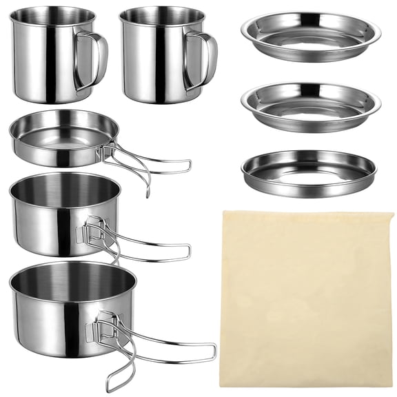 NICEXMAS 8-Piece Stainless Steel Cookware Set with Foldable Handles, Lightweight Portable Pan Set for Camping, Outdoor, and Travel Use