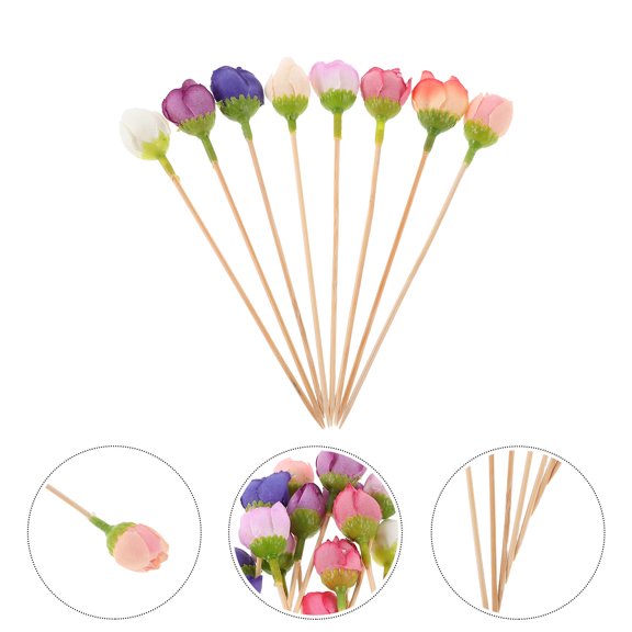 NICEXMAS Assorted Color Wooden Cocktail Skewers 30pcs Elegant Rose Bud Picks for Home Dessert Decoration