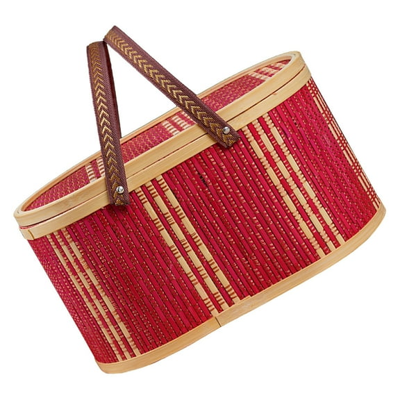 NICEXMAS Hardwearing Bamboo Oval Storage Basket with Swing Handle Red Finish for Daily Use