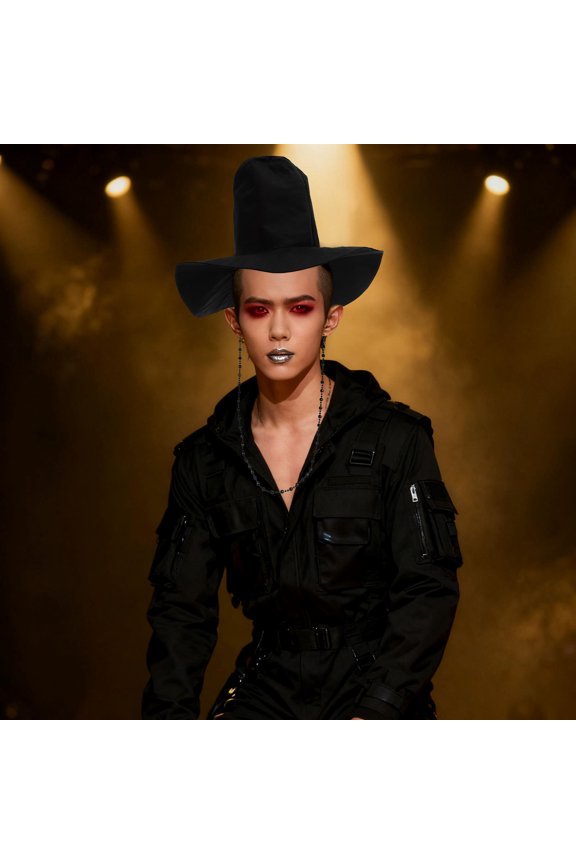 Black Korean Style Fedora Hat Flat Top Traditional Headdress for Dress Up and Stage