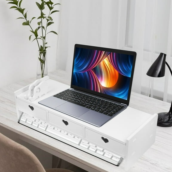 NICEXMAS Monitor Stand Riser with Drawer and Keyboard Storage for Office Desk in White with Phone Holder Feature