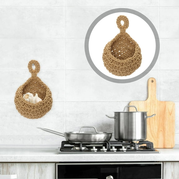 NICEXMAS  Fruit Basket Vegetable Bag Sturdy Textured Wall Decor Kitchen Cotton Weave Hammock 21.5X14CM Brown