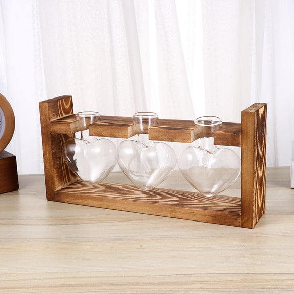 NICEXMAS 3-Piece Heart-Shaped Glass Vase Set with Wooden Base for Flowers, Hydroponic Plants, Colorful Decorative