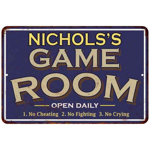 NICHOLS'S Blue Game Room Sign Metal Wall Decor 8x12 108120002325