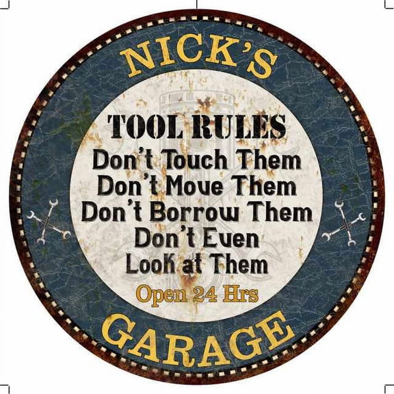 NICK'S Garage Rules 12" Round Metal Sign Garage Bar Wall Décor 100140015095