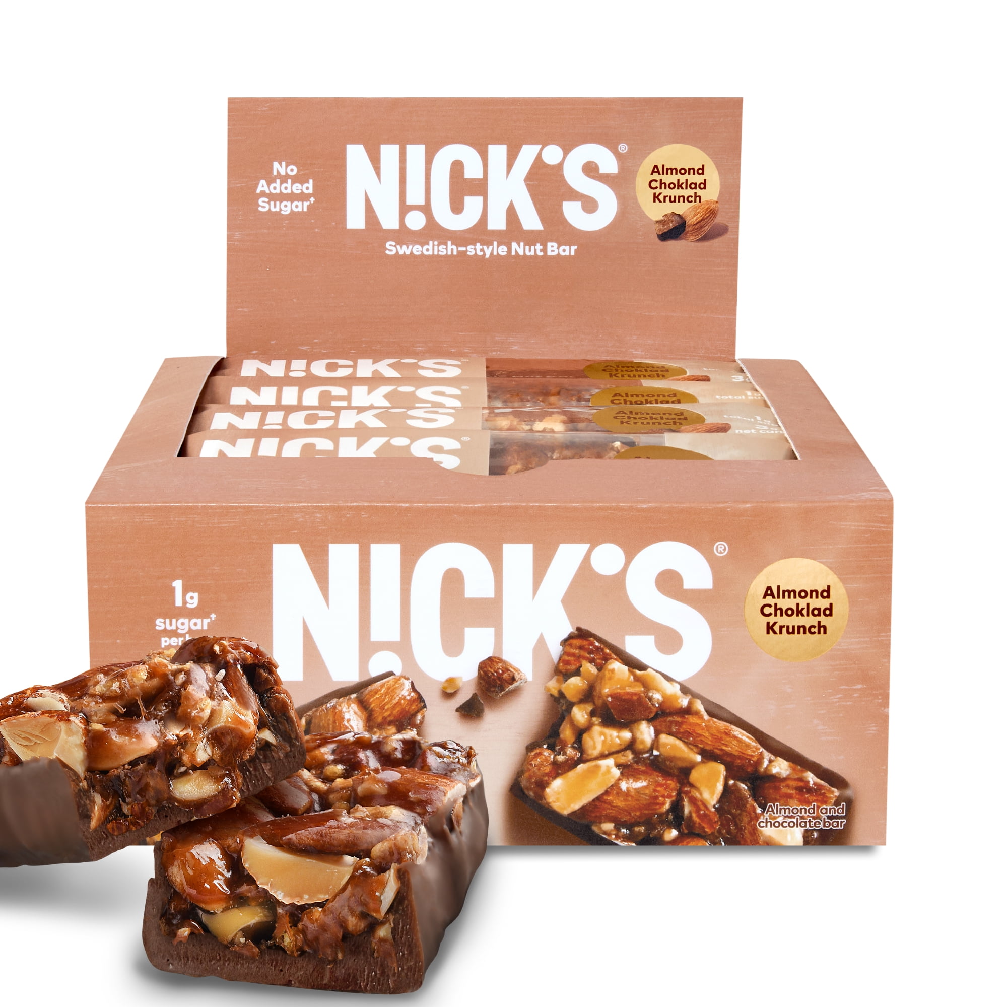 NICKS Nut Bar Chocolate Almond crunch Keto Snack 3g Net Carbs 180 Calories No Added