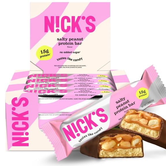 NICKS Protein Bars Salty Peanut Chocolate  12-Count Box | 15g protein | 200 calories | Protein-Packed Snack, Low Calories, Low Carbs, Keto Friendly, No Added Sugar