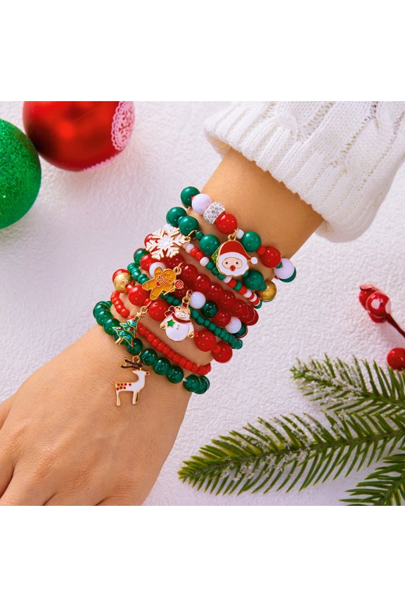 10Pcs Stackable Christmas Beaded Stretch Bracelets Set, Mixed Size Red Green White Bead Enamel Charm Elastic Bracelet Pack, Holiday Friendship Layering Wrist Jewelry Gift