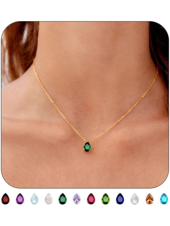 18K Gold Plated Birthstone Necklace for Women Dainty Teardrop Necklaces Emerald Green CZ Pendant Necklace Birthday Gift for Women Jewelry