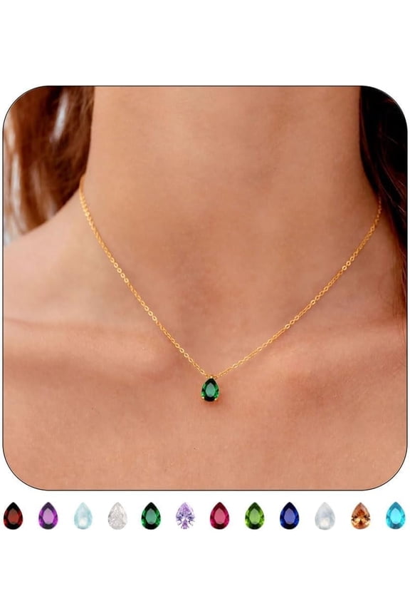 18K Gold Plated Birthstone Necklace for Women Dainty Diamond Teardrop Necklaces Emerald Green CZ Pendant Necklace Birthday Gift for Women Jewelry