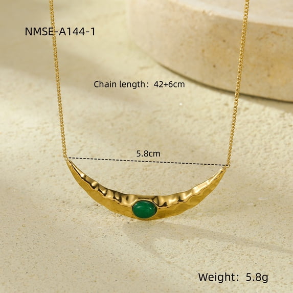 NICKSUN 18K Gold Plated Hammered Crescent Moon Necklace - Stainless Steel with Natural Stone Cabochons, Tarnish-Free Vintage Boho Choker for Women