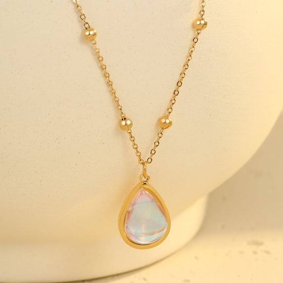 NICKSUN 18K Gold Plated Iridescent Moonstone Pendant Necklace - Dainty Stainless Steel Ball Chain Choker, Tarnish-Free Oval & Teardrop Crystal Necklace for Women
