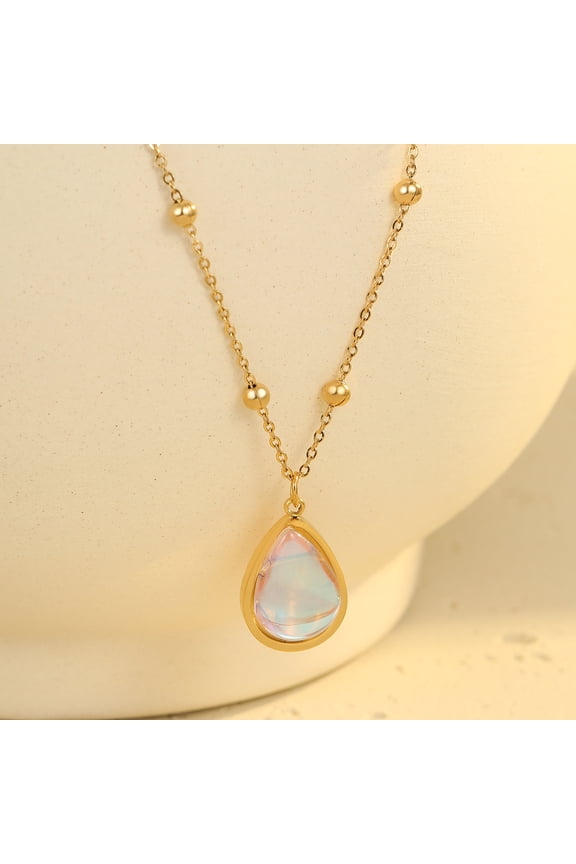 18K Gold Plated Iridescent Moonstone Pendant Necklace - Dainty Stainless Steel Ball Chain Choker, Tarnish-Free Oval & Teardrop Crystal Necklace for Women