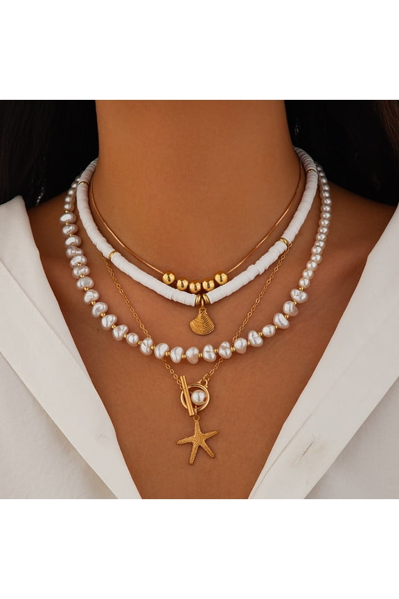18K Gold-Plated Pearl Layered Stack Chain Necklace Set Jewelry for Women Pearl Bohemian Style