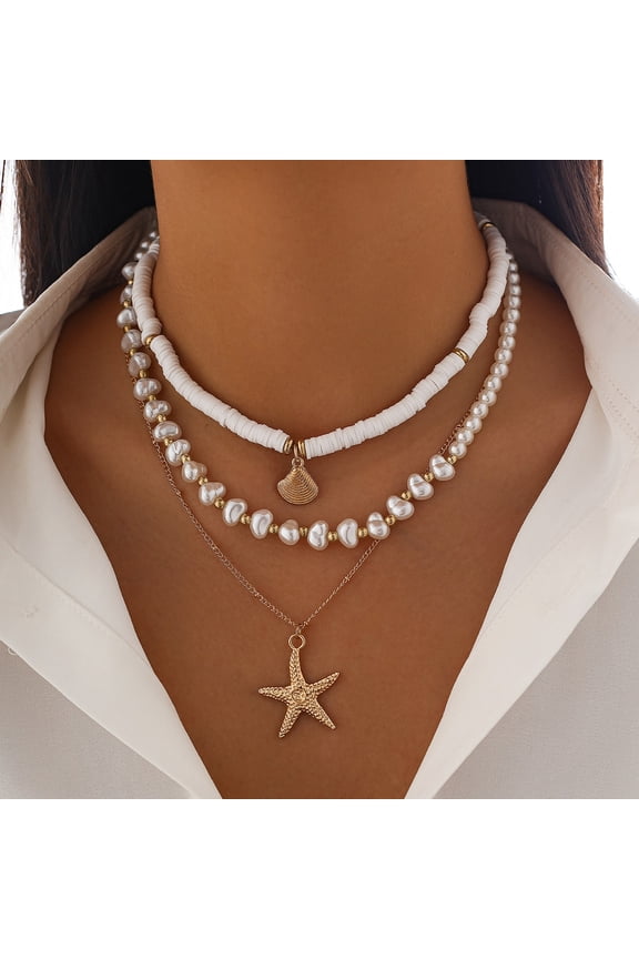 18K Gold-Plated Pearl Layered Stack Chain Necklace Set Jewelry for Women Pearl Bohemian Style