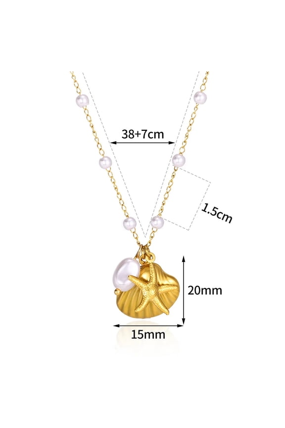 18K Gold Plated Shell Starfish Pendant Necklace Stainless Steel Conch & Pearl Chain Choker for Women Ocean Jewelry