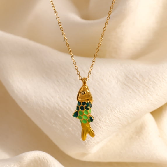 NICKSUN 18K Gold-Plated Stainless Steel Color-Dipped Fish Pendant Necklace - Minimalist Nautical Fashion Jewelry for Women