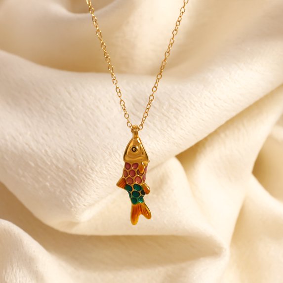 NICKSUN 18K Gold-Plated Stainless Steel Color-Dipped Fish Pendant Necklace - Minimalist Nautical Fashion Jewelry for Women