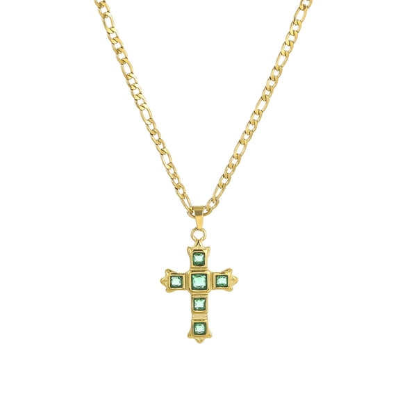 NICKSUN 18K Gold Plated Stainless Steel Cross Pendant Necklace, Square Cubic Zirconia Figaro Chain Choker Clavicle Necklaces for Women Religious Jewelry Gift