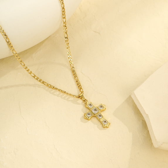 NICKSUN 18K Gold Plated Stainless Steel Cross Pendant Necklace, Square Cubic Zirconia Figaro Chain Choker Clavicle Necklaces for Women Religious Jewelry Gift