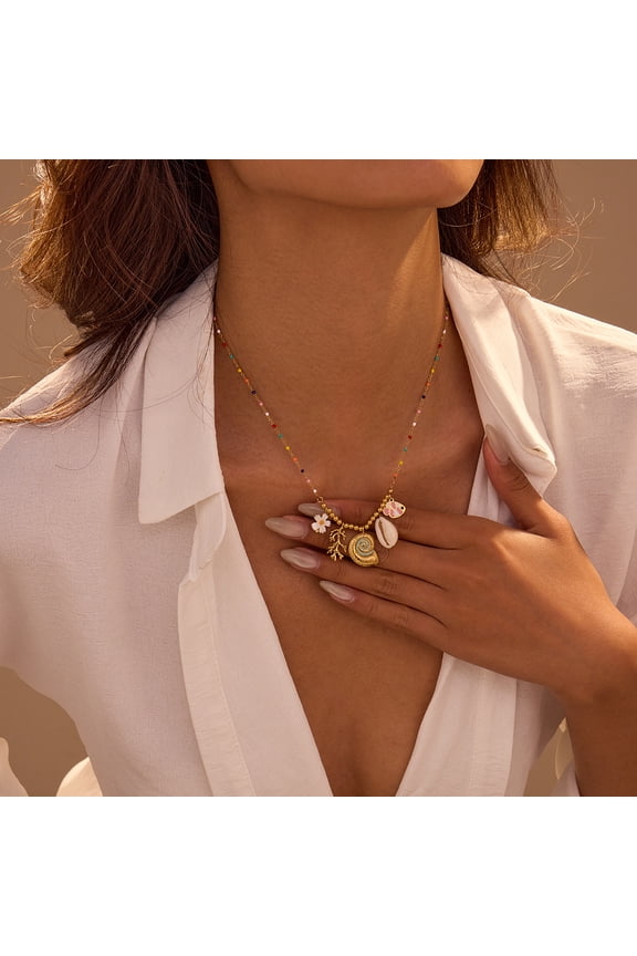 18K Gold Plated Stainless Steel Dopamine Colorful Bead Necklace, Enamel Ocean Conch Shell Coral Daisy Charm Necklace for Women, Summer Beach Vacation Anti-Tarnish Dainty Jewelry Gift