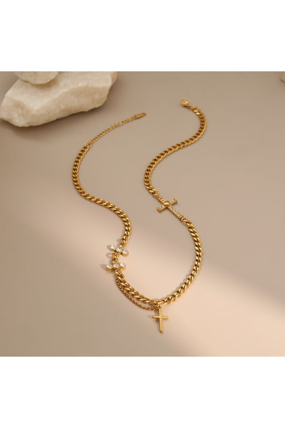 18K Gold-Plated Stainless Steel Double Cross Cuban Link Lockbone Necklace, Elegant & Sophisticated Jewelry for Women