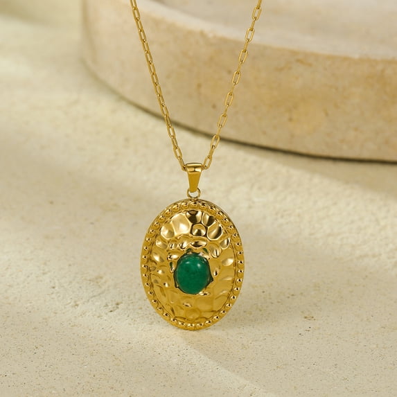 NICKSUN 18K Gold Plated Stainless Steel Hammered Oval Pendant Necklace, Natural Green Gemstone Inlay Vintage Luxury Paperclip Chain Clavicle Jewelry for Women