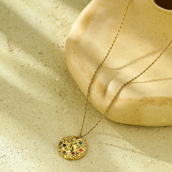 NICKSUN 18K Gold Plated Stainless Steel Hammered Pendant Necklace, Multicolor Cubic Zirconia Irregular Heart Round Rectangle Charms Dainty Clavicle Necklaces for Women Minimalist Jewelry