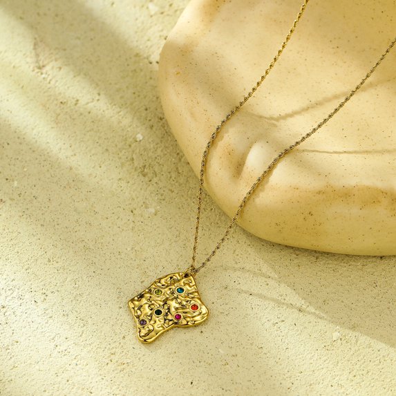 NICKSUN 18K Gold Plated Stainless Steel Hammered Pendant Necklace, Multicolor Cubic Zirconia Irregular Heart Round Rectangle Charms Dainty Clavicle Necklaces for Women Minimalist Jewelry