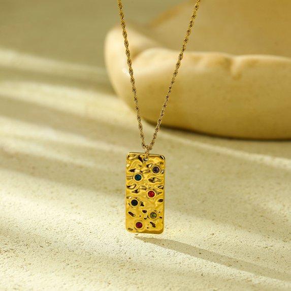 NICKSUN 18K Gold Plated Stainless Steel Hammered Pendant Necklace, Multicolor Cubic Zirconia Irregular Heart Round Rectangle Charms Dainty Clavicle Necklaces for Women Minimalist Jewelry