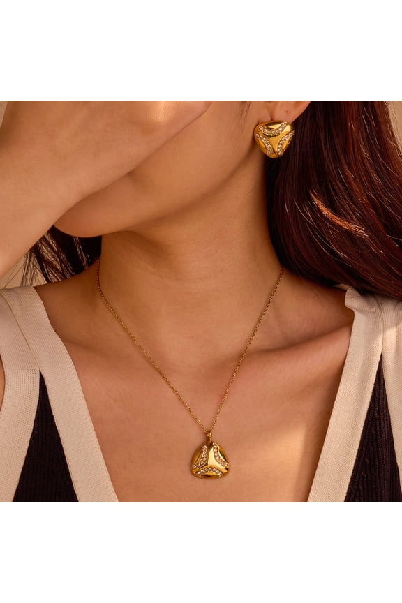 18K Gold Plated Stainless Steel Heart Jewelry Set, Sparkling Cubic Zirconia Inlaid Triangle Heart Pendant Necklace & Stud Earrings for Women, Dainty Gift for Daily Wedding Anniversary