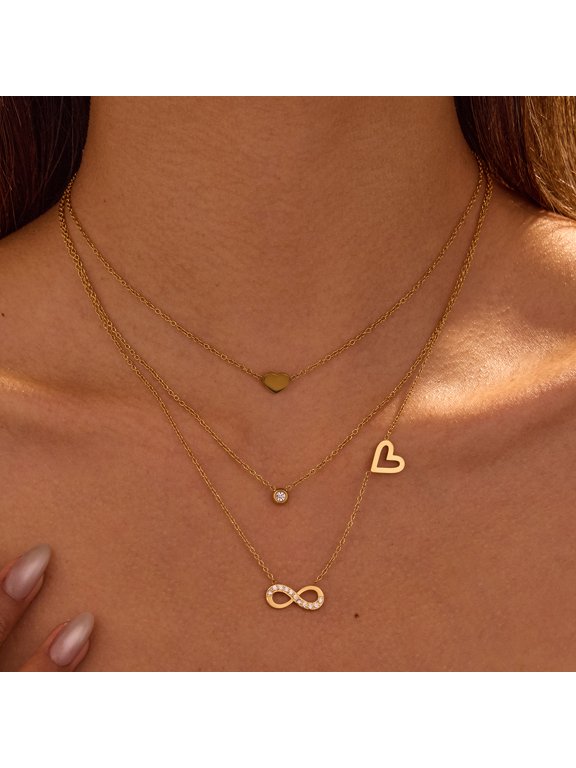 18K Gold-Plated Stainless Steel Infinity Cubic Zirconia Layered Necklace, Sparkling Multi-Strand Lockbone Jewelry for Women