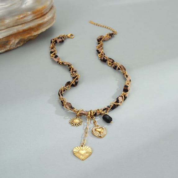 NICKSUN 18K Gold Plated Stainless Steel Leopard Fabric Woven Heart Pendant Necklace, Trendy Mixed Chain Retro Clavicle Jewelry for Women