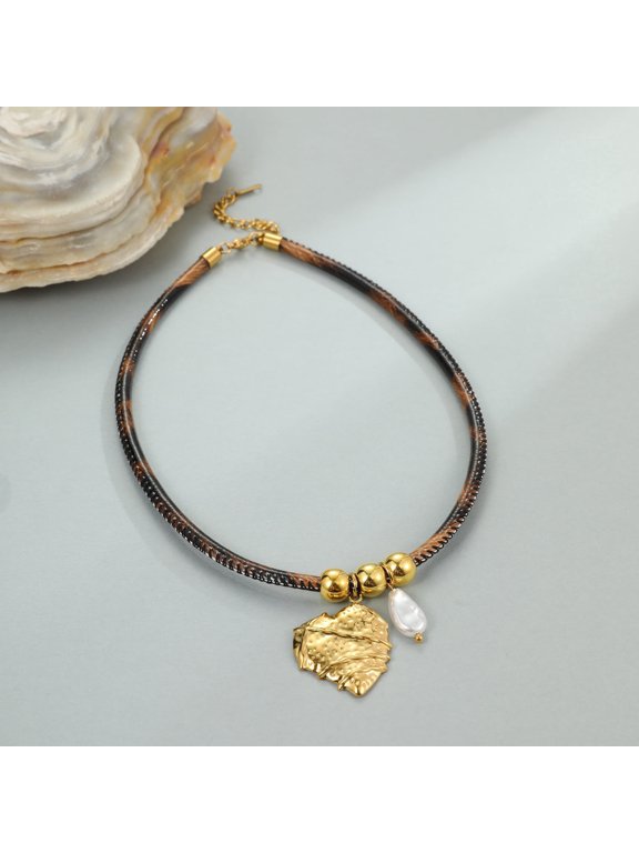 18K Gold Plated Leopard Print Leather Cord Choker Necklace, Multi Charms Sun Bird Cross Baroque Imitation Pearl Pendant Clavicle Jewelry for Women