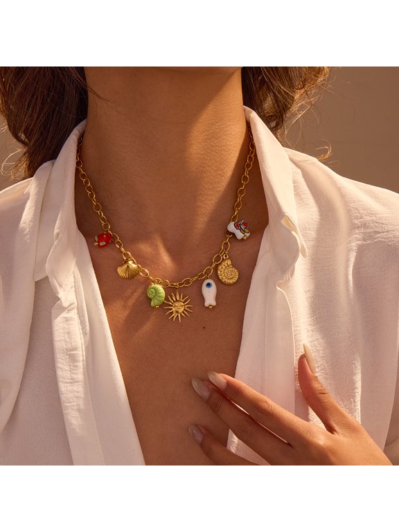 18K Gold Plated Stainless Steel Multi Charms Necklace, Ocean Beach Conch Shell Sun Enamel Pendant Chunky Link Chain Choker, Bohemian Summer Vacation Jewelry for Women