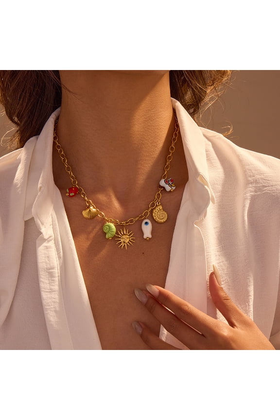 18K Gold Plated Stainless Steel Multi Charms Necklace, Ocean Beach Conch Shell Sun Enamel Pendant Chunky Link Chain Choker, Bohemian Summer Vacation Jewelry for Women
