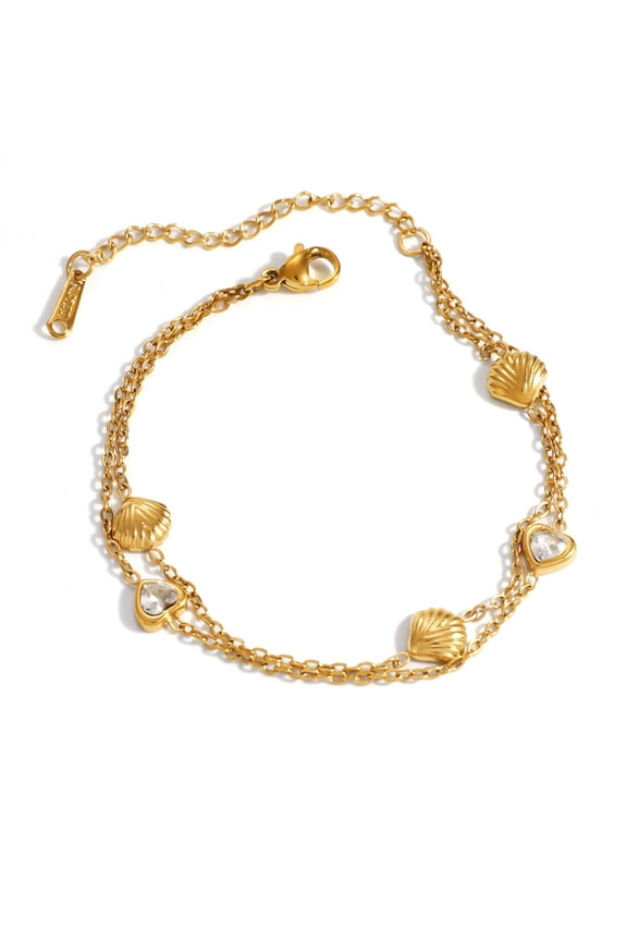 18K Gold-Plated Stainless Steel Nautical Double-Layer Bracelet with Shell, Heart & Rhinestone Charms, Coastal & Charming