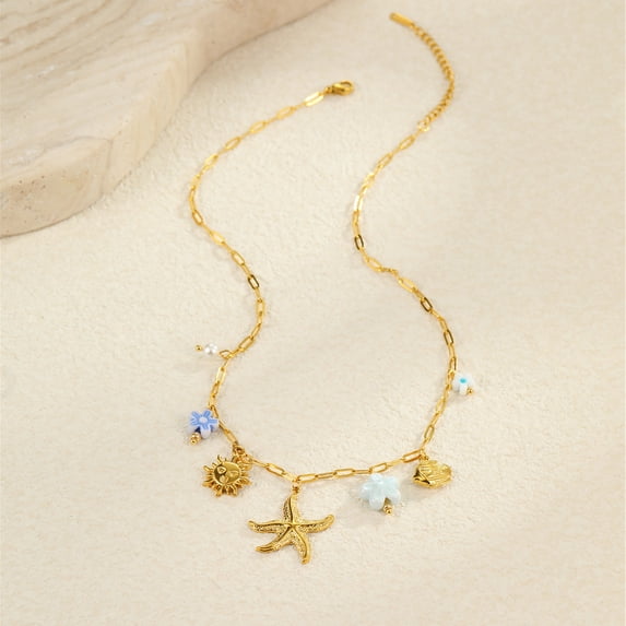 NICKSUN 18K Gold Plated Stainless Steel Ocean Beach Charm Necklace, Dopamine Colorful Enamel Starfish Seashell Daisy Pendant Necklace, Summer Vacation Boho Coastal Clavicle Jewelry for Women