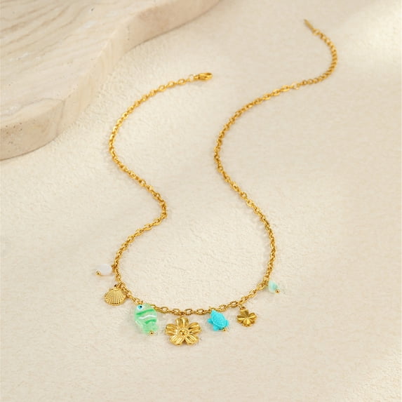 NICKSUN 18K Gold Plated Stainless Steel Ocean Beach Charm Necklace, Dopamine Colorful Enamel Starfish Seashell Daisy Pendant Necklace, Summer Vacation Boho Coastal Clavicle Jewelry for Women