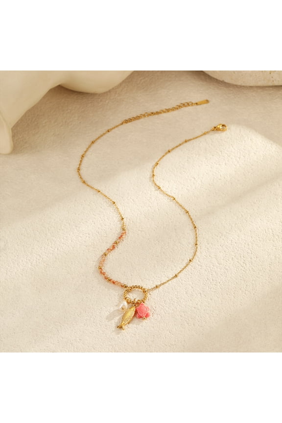 18K Gold Plated Stainless Steel Ocean Charm Necklace, Starfish Conch Seashell & Double Fish Pendant Dainty Beaded Chain Necklace, Summer Beach Vacation Boho Neck Jewelry for Women