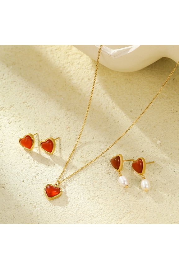18K Gold-Plated Stainless Steel Red Agate Heart Jewelry Set, Necklace & Earrings Trio for Women