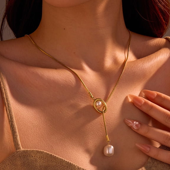 NICKSUN 18K Gold-Plated Stainless Steel Retro Long Adjustable Pearl Necklace - Elegant Y-Style Lockbone Chain for Women